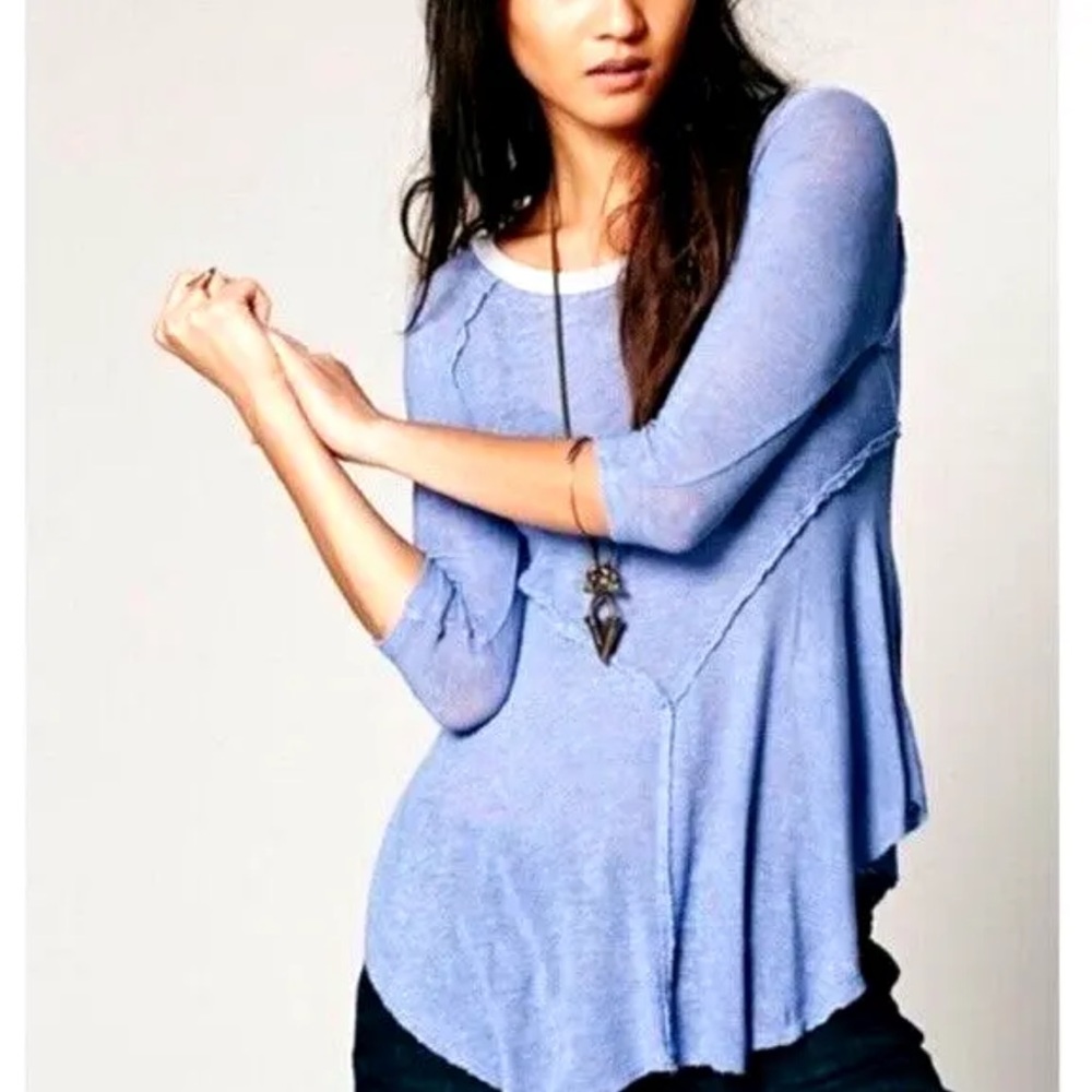Free People Intimately Sheer Knit Round Neck Layering Boho Tee Top Blue XS
